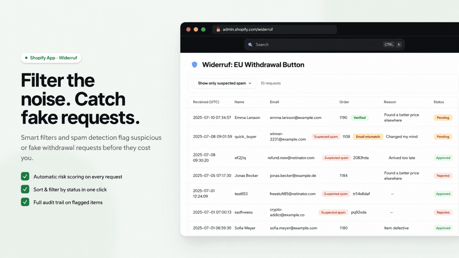 Widerruf dashboard inside Shopify admin, listing withdrawal requests with spam and status flags